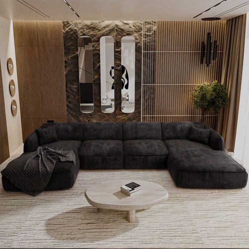 Canapé Panoramique 5 Places Velours Tramé Noir 346cm