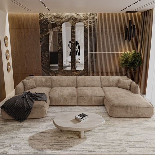 Canapé Panoramique 5 Places Velours Tramé Taupe 346cm