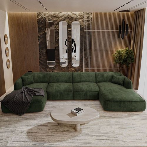 Canapé Panoramique 5 Places Velours Tramé Vert Olive 346cm