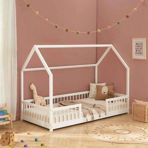 Lit Cabane Avec Barrières Pin Massif Blanc 90x190cm Sommier