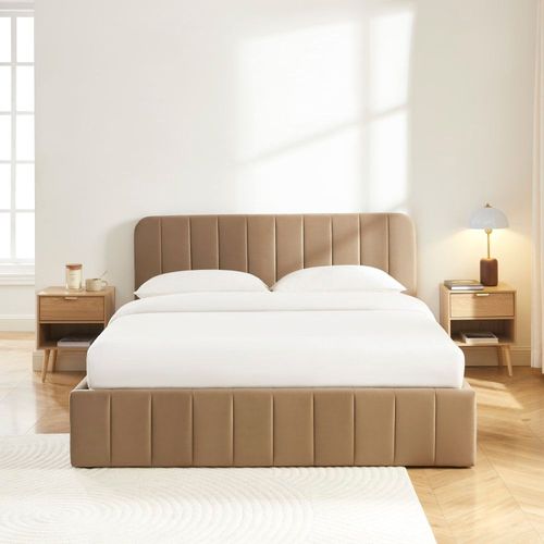 Lit Coffre Velours Marron 160x200 Sommier Inclus