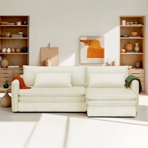 Canapé D'angle Convertible Réversible 3 Places En Velours Côtelé Beige