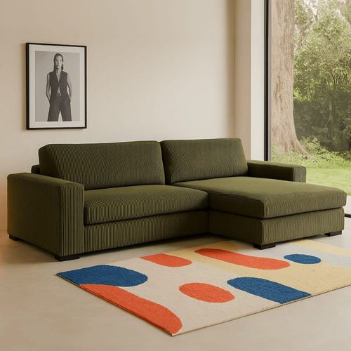 Canapé D'angle Droit Convertible 3 Places En Velours Côtelé Vert Kaki