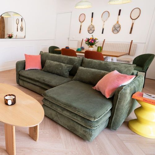 Canapé D'angle Convertible Réversible 3 Places En Velours Côtelé Vert