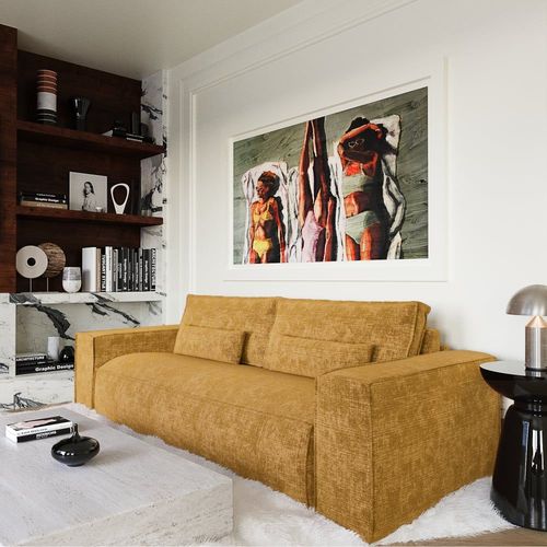 Canapé Convertible Express 4 Places Velours Gaufré Moutarde