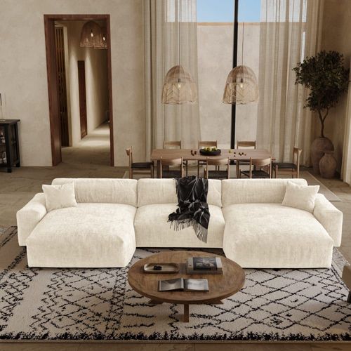 Canapé Panoramique 6 Places En Velours Gaufré Crème