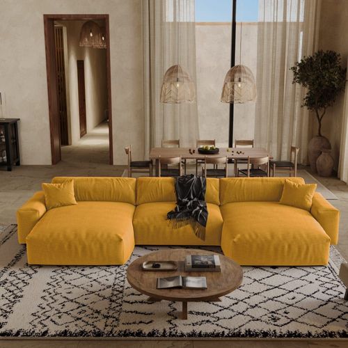 Canapé Panoramique 6 Places En Tissu Tramé Toucher Doux Moutarde