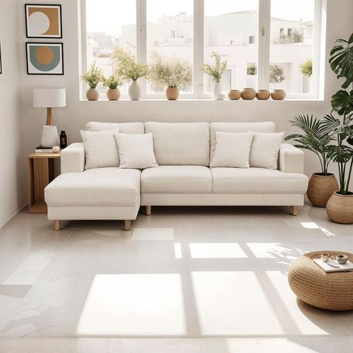 Canapé D'angle À Gauche Convertible 4 Places En Tissu Chenille Beige