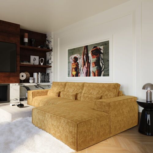 Canapé angle droit convertible express 5 places velours moutarde