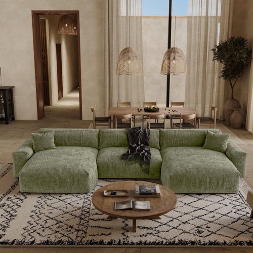 Canapé Panoramique 6 Places En Velours Gaufré Vert Vintage