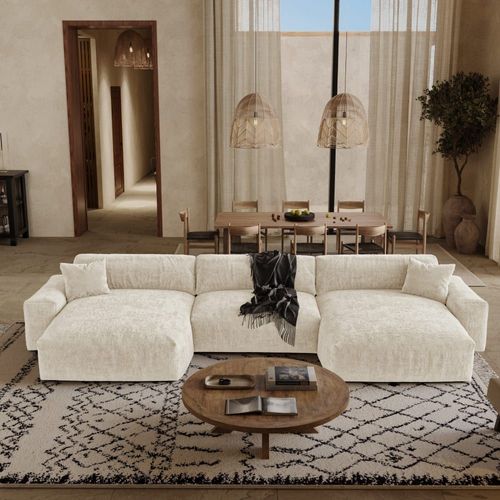 Canapé Panoramique 6 Places En Velours Gaufré Beige