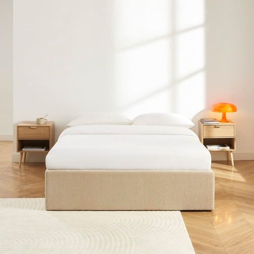 Lit coffre tissu chenille grege 140x190 sommier inclus grège