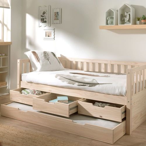 Lit Enfant Banquette 4 Tiroirs En Bois 90x200 Cm - Bois Clair