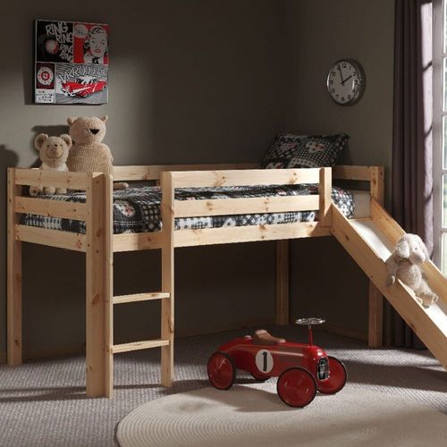 Lit Enfant Mezzanine Avec Toboggan En Bois 90x200cm - Bois Clair