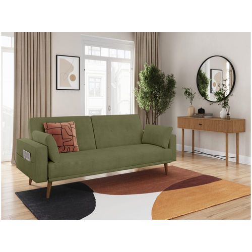 Canapé Droit Scandinave Convertible 3 Places En Velours Côtelé Vert