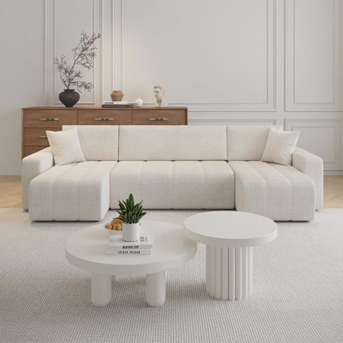 Canapé Panoramique 6 Places En Velours Beige