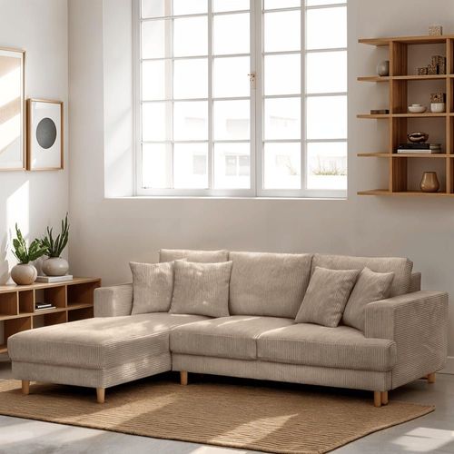 Canapé D'angle À Gauche Convertible 4 Places En Velours Côtelé Taupe