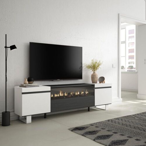 Meuble tv effet bois blanc et noir 200x35x57cm cheminée effet feu