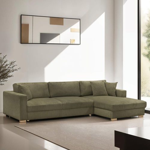 Canapé D'angle À Droite Convertible 5 Places En Velours Côtelé Vert