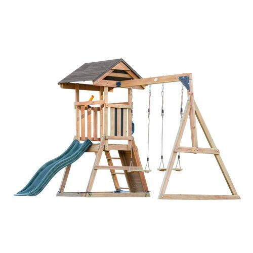 Aire De Jeux Avec Balançoire Double, Toboggan Vert Et Bac À Sable