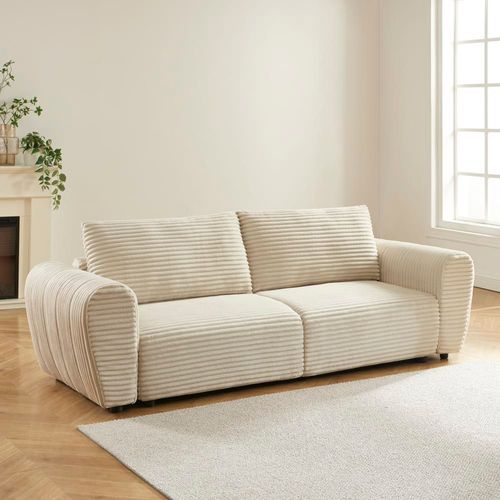 Canapé Droit Convertible En Velours Côtelé 3 Places Beige