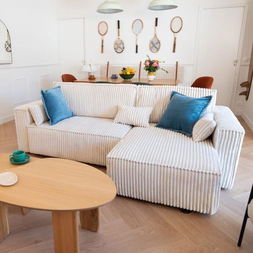 Canapé D'angle Convertible 4 Places En Velours Gros Côtelé Beige