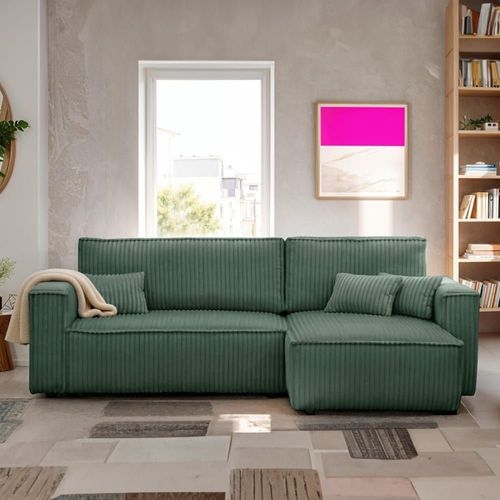 Canapé D'angle Convertible 4 Places En Velours Gros Côtelé Vert Foncé