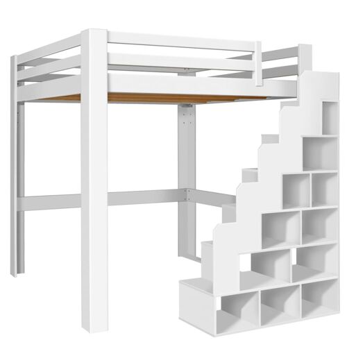 Lit Mezzanine 2 Places Bois Massif Blanc 200x200 Cm