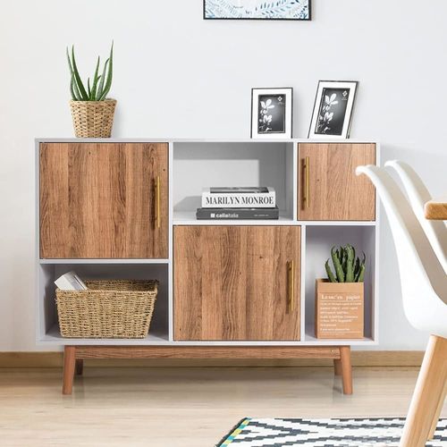 Meuble Tv Avec 3 Cases Et 3 Étagères Pieds En Bois Massif 95x31x76cm