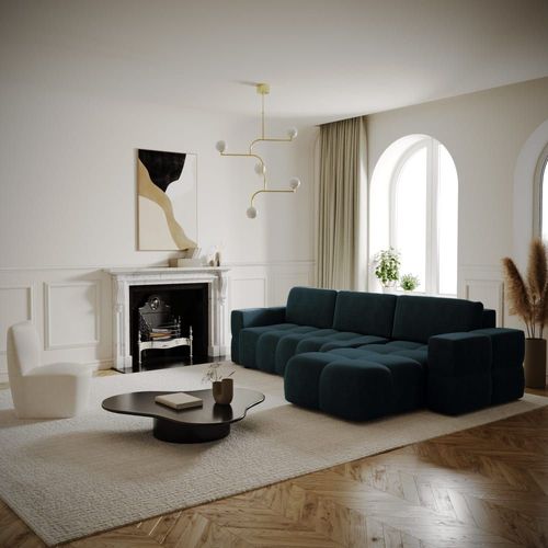 Canapé D'angle Droit Convertible Coffre 5 Places Velours Bleu Paon