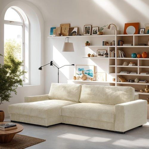 Canapé D'angle À Gauche Convertible 3 Places En Velours Côtelé Beige