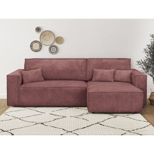 Canapé D'angle Convertible 4 Places En Velours Côtelé Vieux Rose