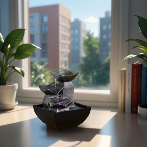 Petite Fontaine En Résine Noir Et Gris Métal Avec Éclairage Led - H17