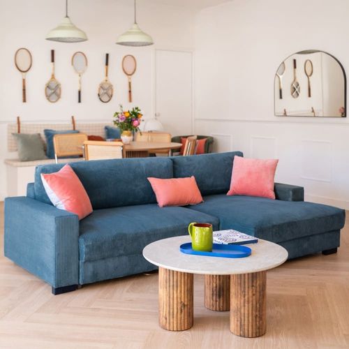 Canapé D'angle Droit Convertible 3 Places En Velours Côtelé Bleu Gris