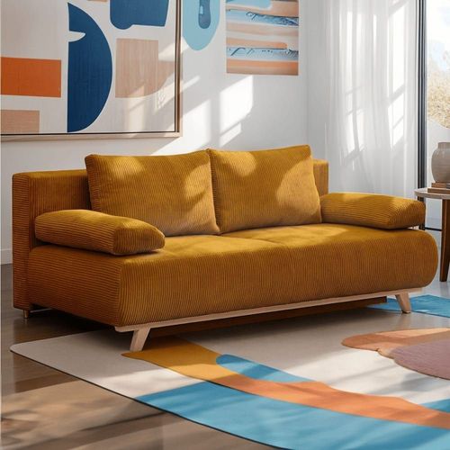 Canapé Convertible 3 Places En Velours Côtelé Jaune Moutarde