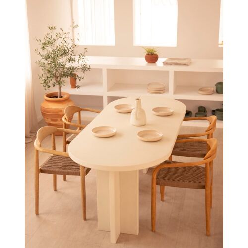 Table de salle à manger ovale en microciment blanc cassé 200x75cm