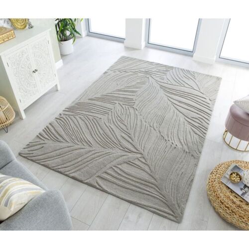 Tapis En Laine Gris Effet 3d Relief Feuilles 120 X 170