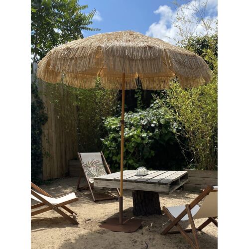 Parasol Clair À Franges En Acier Finition Bois Naturel