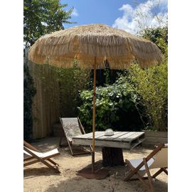 Parasol Clair À Franges En Acier Finition Bois Naturel