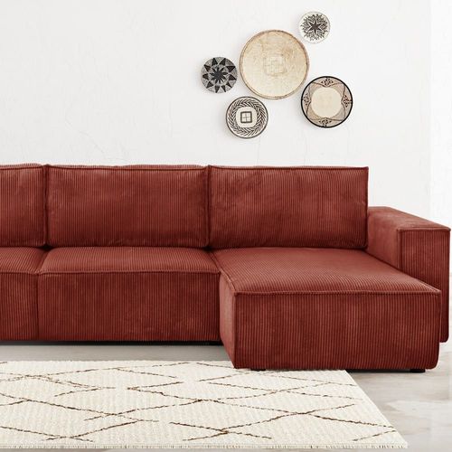 Canapé D'angle Convertible 5 Places En Velours Côtelé Rouille