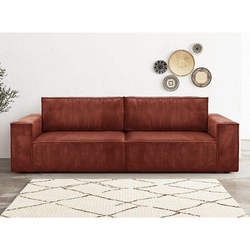 Canapé Convertible 3 Places En Velours Côtelé Rouille