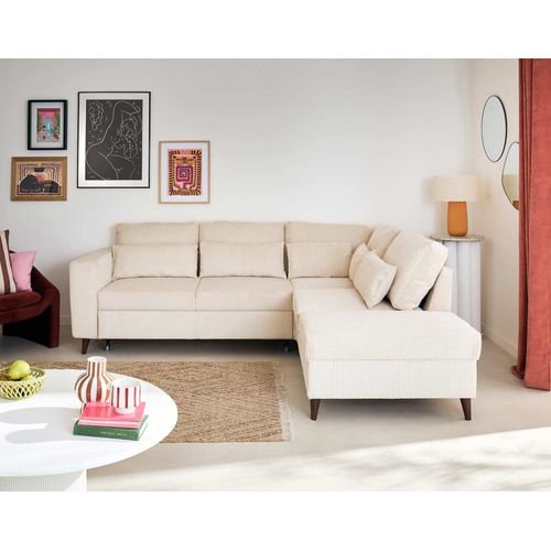 Canapé D'angle Réversible Convertible 5 Places En Velours Côtelé Beige