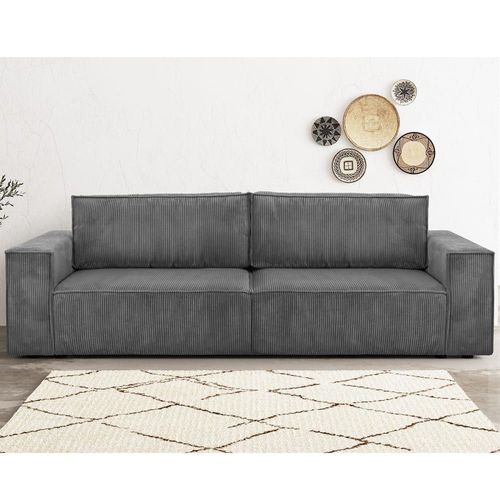 Canapé 3 Places Convertible + Coffre En Velours Côtelé Gris Souris
