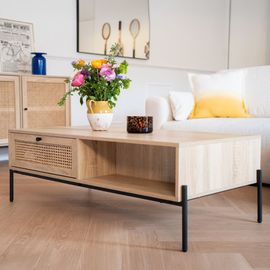 Table Basse 1 Tiroir En Cannage Naturel Et Effet Chêne 115 Cm