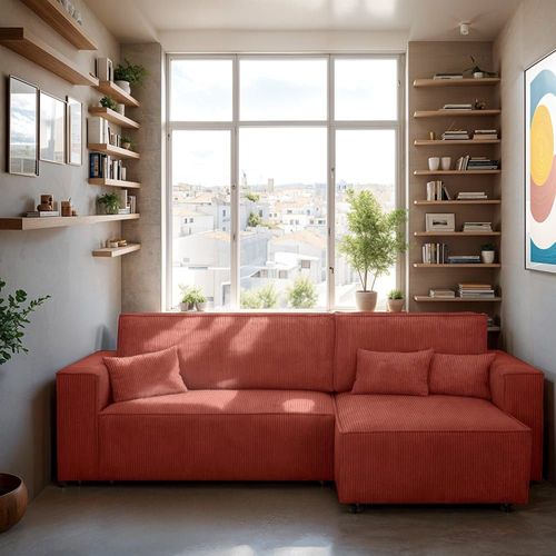 Canapé D'angle Convertible 4 Places En Velours Côtelé Rouille