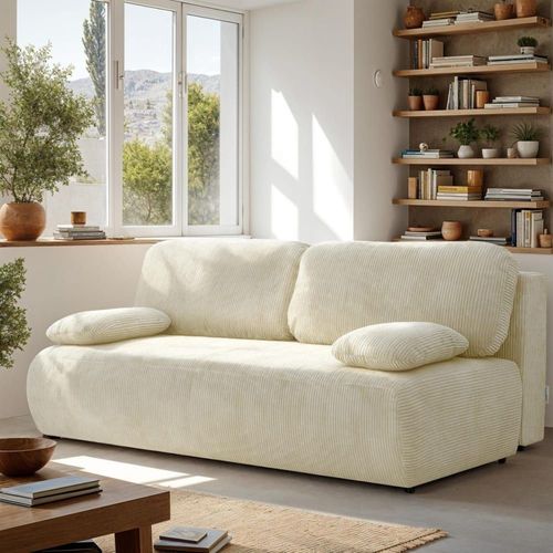 Canapé Convertible 3 Places Avec Coffre En Velours Côtelé Beige