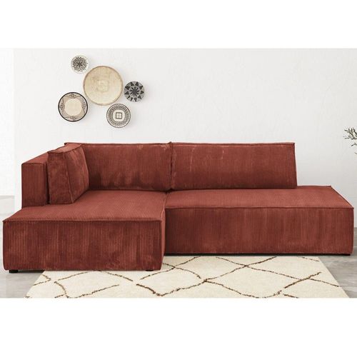Canapé D'angle À Gauche Convertible 3 Places En Velours Côtelé Rouille