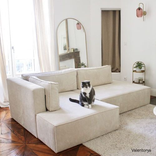 Canapé D'angle À Gauche Convertible 3 Places En Velours Côtelé Beige