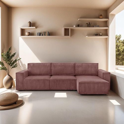 Canapé Angle Convertible Réversible 5 Places Velours Côtelé Vieux Rose