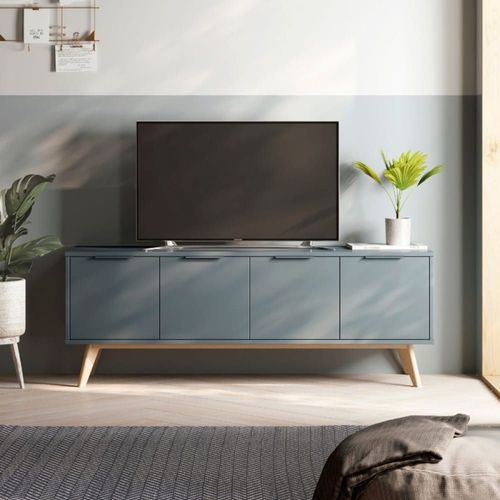 Meuble Tv 4 Portes Vert Kaki Et Pin Massif - L140 Cm